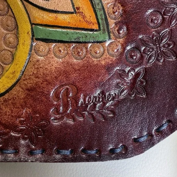 Hand Tooled Burgundy Leather Crossbody Bag Floral Paisley Embossed Boho Artisan - Picture 3 of 11